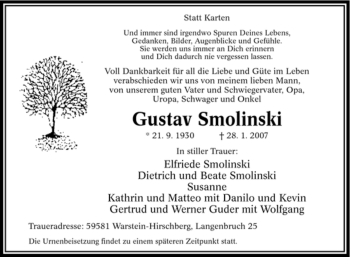 Todesanzeige von Gustav Smolinski von WESTFÄLISCHER ANZEIGER