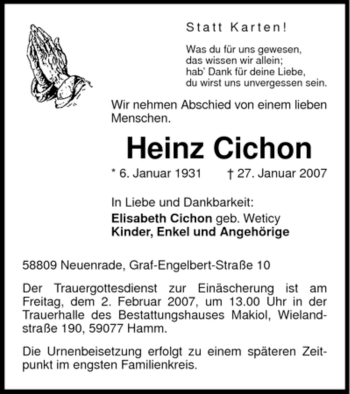 Todesanzeige von Heinz Cichon von WESTFÄLISCHER ANZEIGER
