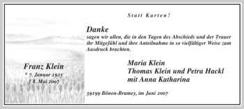 Todesanzeige von Franz Klein von WESTFÄLISCHER ANZEIGER