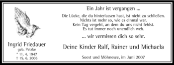 Todesanzeige von Ingrid Friedauer von WESTFÄLISCHER ANZEIGER