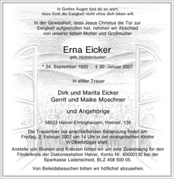 Todesanzeige von Erna Eicker von WESTFÄLISCHER ANZEIGER