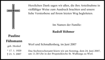 Todesanzeige von Pauline Fühsmann von WESTFÄLISCHER ANZEIGER