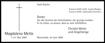 Todesanzeige von Magdalena Mette von WESTFÄLISCHER ANZEIGER