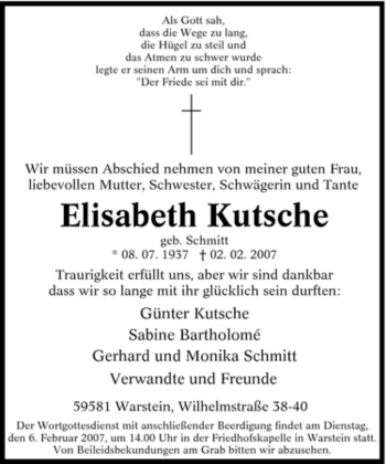 Todesanzeige von Elisabeth Kutsche von WESTFÄLISCHER ANZEIGER
