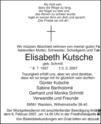 Todesanzeige von Elisabeth Kutsche von WESTFÄLISCHER ANZEIGER