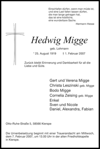 Todesanzeige von Hedwig Migge von WESTFÄLISCHER ANZEIGER