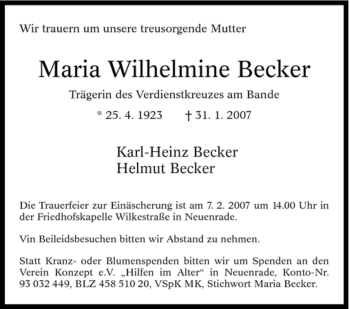 Todesanzeige von Maria Wilhelmine Becker von WESTFÄLISCHER ANZEIGER