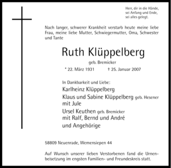 Todesanzeige von Ruth Klüppelberg von WESTFÄLISCHER ANZEIGER
