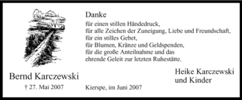 Todesanzeige von Bernd Karczewski von WESTFÄLISCHER ANZEIGER