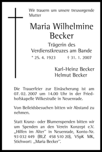 Todesanzeige von Maria Wilhelmine Becker von WESTFÄLISCHER ANZEIGER