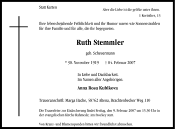 Todesanzeige von Ruth Stemmler von WESTFÄLISCHER ANZEIGER