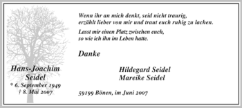 Todesanzeige von Hans-Joachim Seidel von WESTFÄLISCHER ANZEIGER