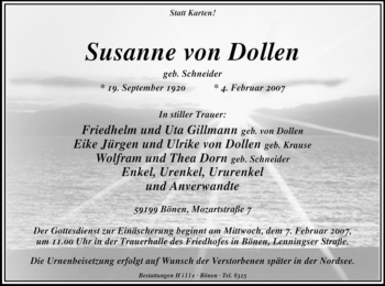 Todesanzeige von Susanne von Dollen von WESTFÄLISCHER ANZEIGER