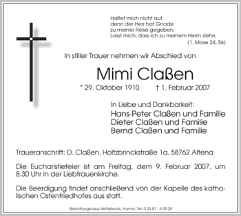 Todesanzeige von Mimi Claßen von WESTFÄLISCHER ANZEIGER
