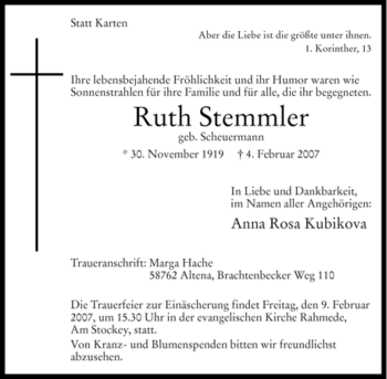 Todesanzeige von Ruth Stemmler von WESTFÄLISCHER ANZEIGER