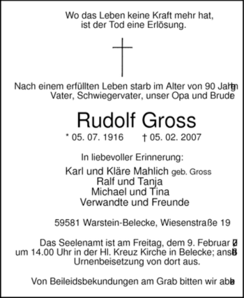 Todesanzeige von Rudolf Gross von WESTFÄLISCHER ANZEIGER