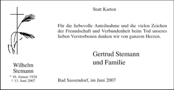 Todesanzeige von Wilhelm Stemann von WESTFÄLISCHER ANZEIGER
