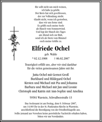 Todesanzeige von Elfriede Ochel von WESTFÄLISCHER ANZEIGER