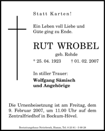 Todesanzeige von Rut Wrobel von WESTFÄLISCHER ANZEIGER