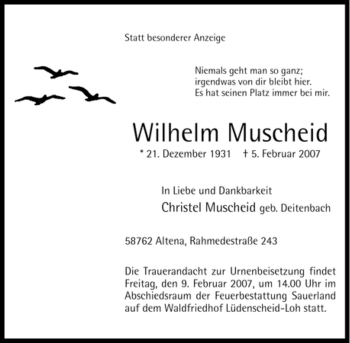 Todesanzeige von Wilhelm Muscheid von WESTFÄLISCHER ANZEIGER