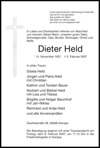 Todesanzeige von Dieter Held von WESTFÄLISCHER ANZEIGER