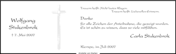 Todesanzeige von Wolfgang Stukenbrok von WESTFÄLISCHER ANZEIGER