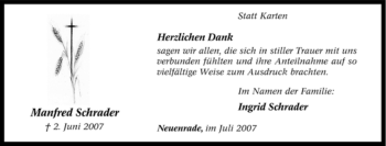 Todesanzeige von Manfred Schrader von WESTFÄLISCHER ANZEIGER