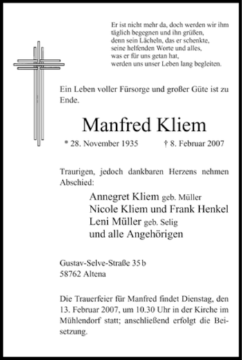 Todesanzeige von Manfred Kliem von WESTFÄLISCHER ANZEIGER