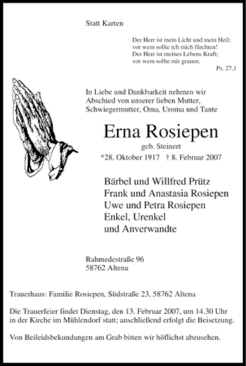 Todesanzeige von Erna Rosiepen von WESTFÄLISCHER ANZEIGER