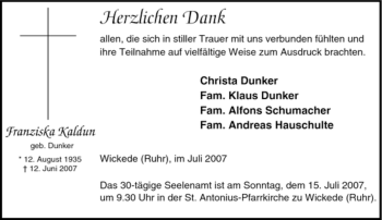 Todesanzeige von Franziska Kaldun von WESTFÄLISCHER ANZEIGER