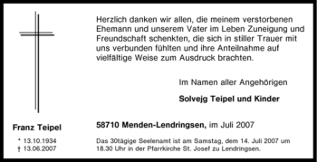 Todesanzeige von Franz Teipel von WESTFÄLISCHER ANZEIGER