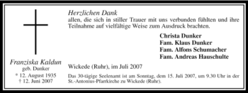 Todesanzeige von Franziska Kaldun von WESTFÄLISCHER ANZEIGER