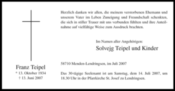 Todesanzeige von Franz Teipel von WESTFÄLISCHER ANZEIGER