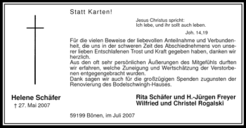Todesanzeige von Helene Schäfer von WESTFÄLISCHER ANZEIGER