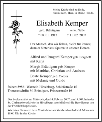 Todesanzeige von Elisabeth Kemper von WESTFÄLISCHER ANZEIGER