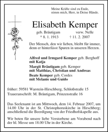 Todesanzeige von Elisabeth Kemper von WESTFÄLISCHER ANZEIGER
