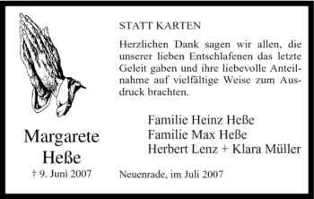 Todesanzeige von Margarete Heße von WESTFÄLISCHER ANZEIGER