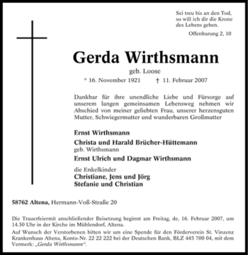 Todesanzeige von Gerda Wirthsmann von WESTFÄLISCHER ANZEIGER
