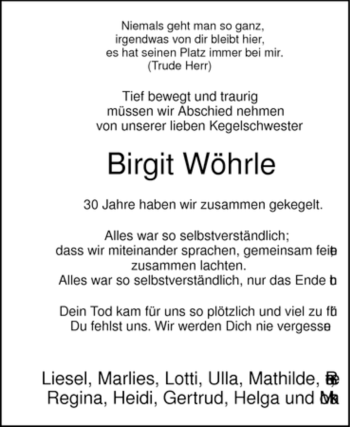 Todesanzeige von Birgit Wöhrle von WESTFÄLISCHER ANZEIGER