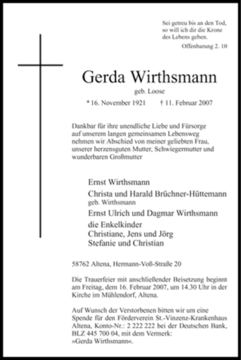 Todesanzeige von Gerda Wirthsmann von WESTFÄLISCHER ANZEIGER