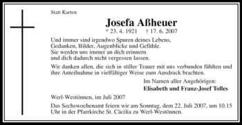 Todesanzeige von Josefa Aßheuer von WESTFÄLISCHER ANZEIGER