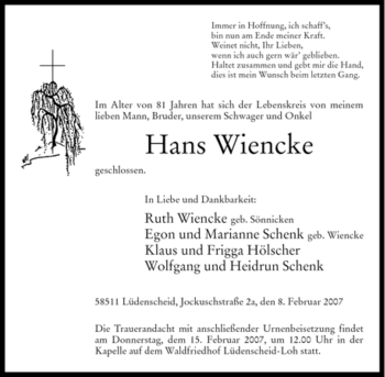 Todesanzeige von Hans Wiencke von WESTFÄLISCHER ANZEIGER