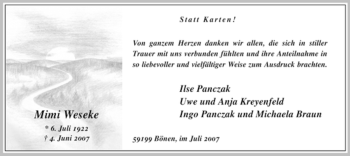 Todesanzeige von Mimi Weseke von WESTFÄLISCHER ANZEIGER