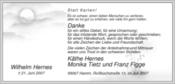 Todesanzeige von Wilhelm Hernes von WESTFÄLISCHER ANZEIGER