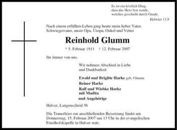 Todesanzeige von Reinhold Glumm von WESTFÄLISCHER ANZEIGER