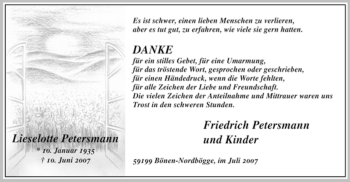 Todesanzeige von Lieselotte Petersmann von WESTFÄLISCHER ANZEIGER