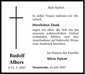 Todesanzeige von Rudolf Albers von WESTFÄLISCHER ANZEIGER