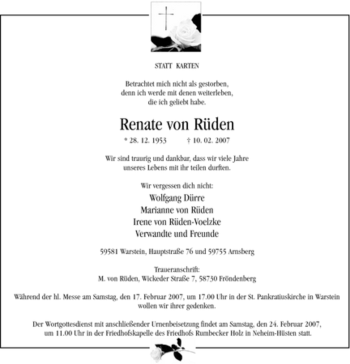 Todesanzeige von Renate von Rüden von WESTFÄLISCHER ANZEIGER