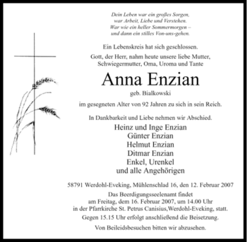 Todesanzeige von Anna Enzian von WESTFÄLISCHER ANZEIGER
