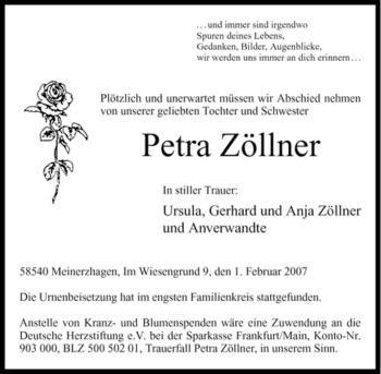 Todesanzeige von Petra Zöllner von WESTFÄLISCHER ANZEIGER